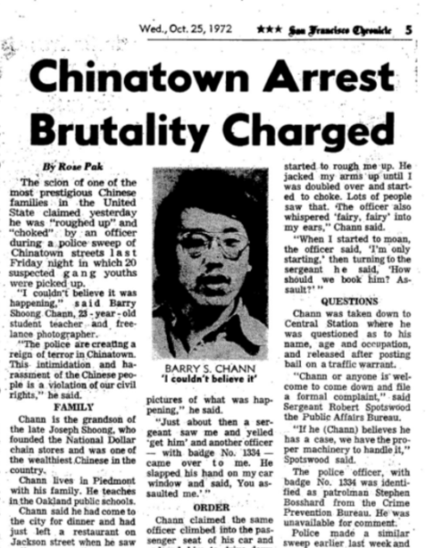News clipping with the heading 'Chinatown Arrest Brutality Charged'.
