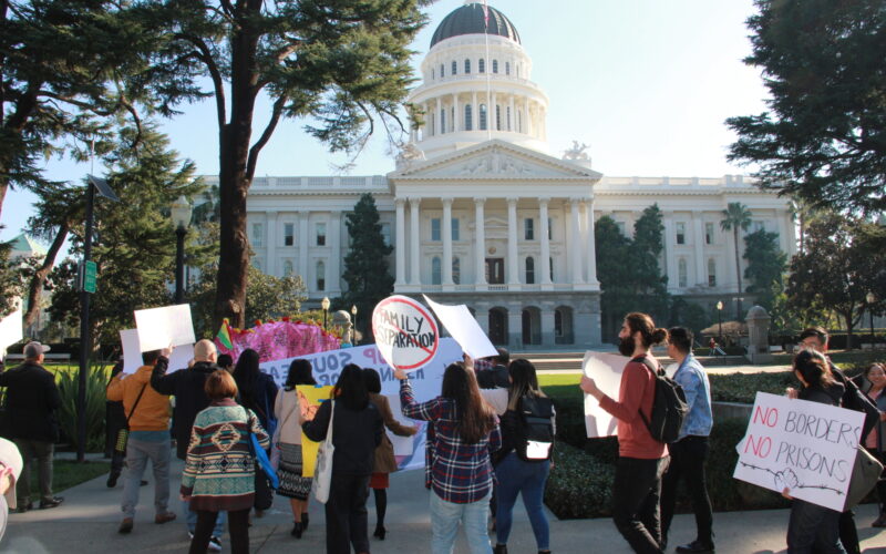Group of people stand in front of California State Capitol holding protest signs