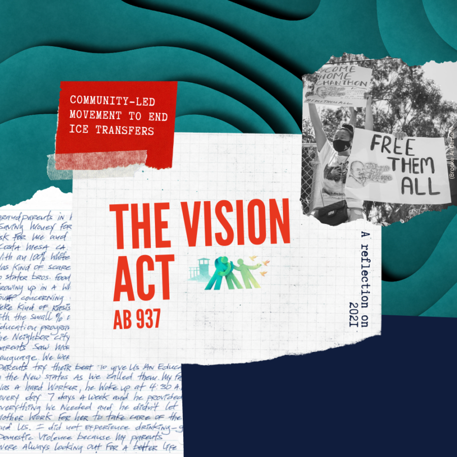 Cover page of digital zine on the VISION Act (AB 937). The background is blue and teal. There is red sticker that reads "Community-led movement to end ICE transfers." There is a black and white picture of community members holding a sign that reads "Free them all" and a snippet of a letter written by a person who is incarcerated and threatened with ICE detention and deportation.